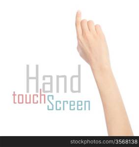 Woman hand touching virtual screen. Isolated on white.