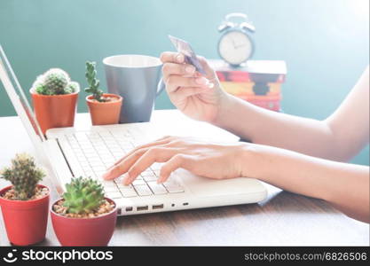 Woman hand using laptop computer and holding credit card, Online shopping