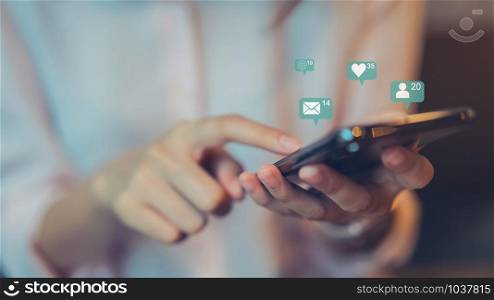 Woman hand using smartphone and show technology icon social media. Concept social network.