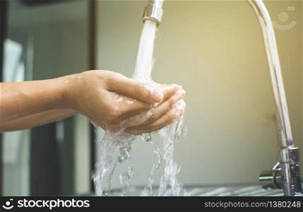Woman hand washing with soap antibacterial for against infection germs and coronavirus,Covid-19,hygiene concept.