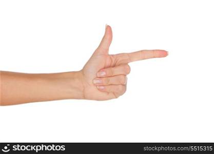 Woman hand with beautiful nails pointing sideways isolated on white background