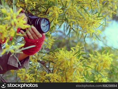 Woman hand with camera take photo on yellow flower background, female photographer with passion in photography