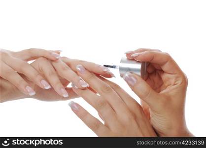 Woman hand with French manicure. Isolated on white background