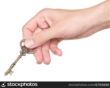 woman hand with old key isolated on white background
