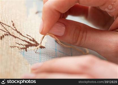 Woman hands doing cross-stitch. A close up of embroidery.
