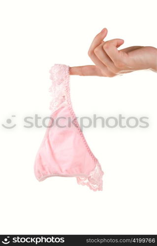 Woman hands hold pink pants isolated on white background