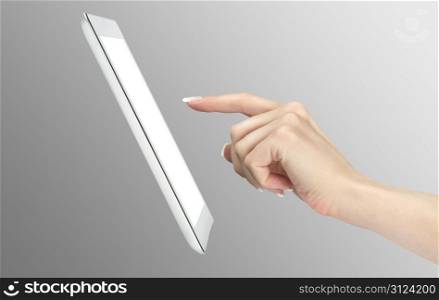 Woman hands holding and pointing on contemporary digital frame with blank screen.