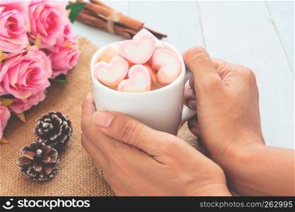 Woman hands holding hot chocolate with pink heart shape marshmallows. Love concept