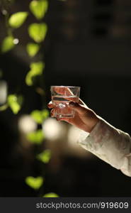 Woman hands isolated, holding a glass of water on a dark background with green leaves. the sun's rays fall on the glass.. Woman hands isolated, holding a glass of water on a dark background with green leaves. the sun's rays fall on the glass. healthy morning