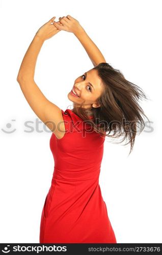 Woman hands up, flying hair