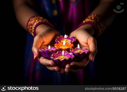 Woman hands with henna holding colorful clay diya l&s lit during diwali celebration