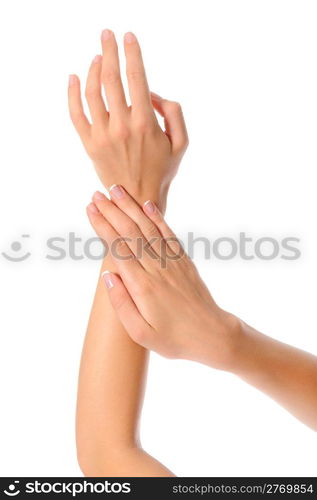 woman hands with manicure . Isolated on white background