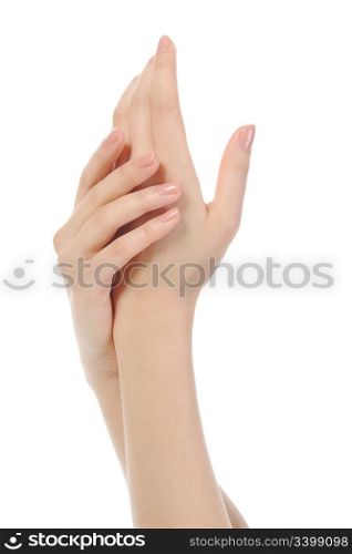 woman hands with manicure . Isolated on white background
