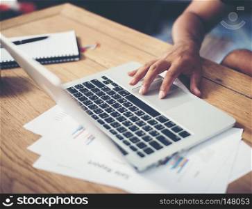 Woman hands working on laptop.