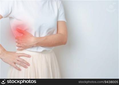 Woman having back pain. Urinary system and Stones, Kidney Cancer, world kidney day, Chronic kidney stomach, liver pain and pancreas concept