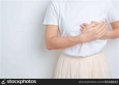 Woman having Breast pain and Check Body Chest. Pink October Breast Cancer Awareness month, National cancer survivors month, Mother, World cancer day and Health diagnosis concept