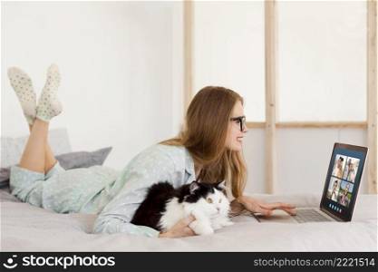 woman having business video call laptop indoors