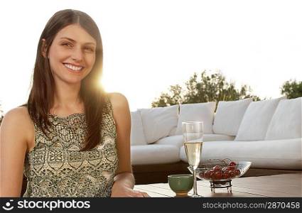 Woman Having Fruit and Champagne