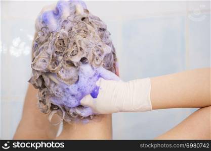 Woman having purple shampoo foam on her head under the shower. Female toning blonde hair using colored shampoo.. Woman under the shower with colored foam on hair