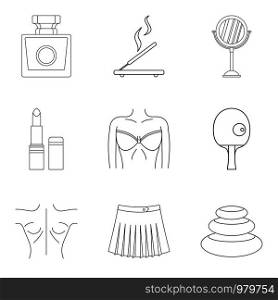 Woman healthcare icons set. Outline set of 9 woman healthcare vector icons for web isolated on white background. Woman healthcare icons set, outline style