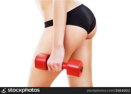 woman hips and dumbbell on white background
