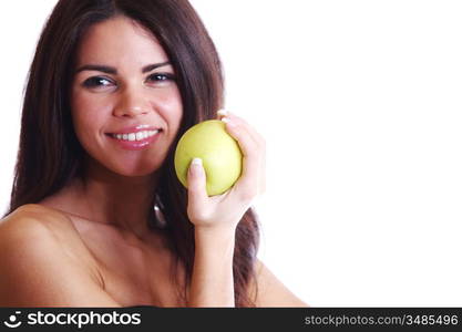 woman hold apple in hands isolated on white