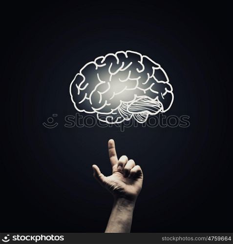 woman hold brain symbol on hand. Human hand pointing with finger at brain icon