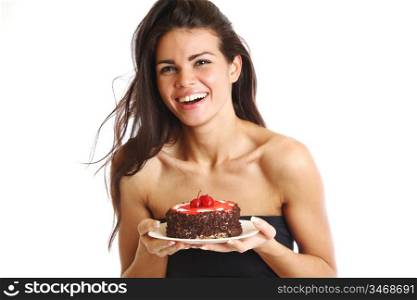 woman hold cake in hands isolated on white