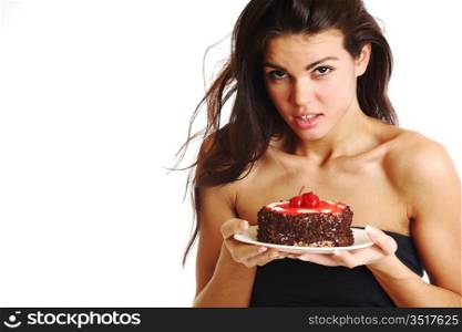 woman hold cake in hands isolated on white