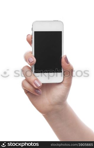 Woman hold cellphone on white background