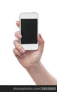 Woman hold cellphone on white background