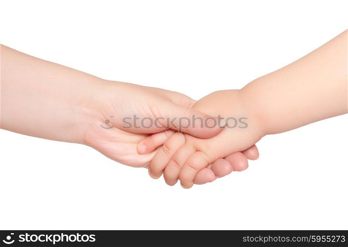 Woman hold hand of little child isolated