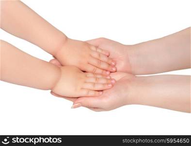 Woman hold hands of little child isolated