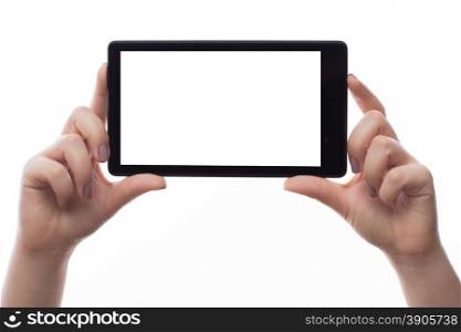 Woman hold tablet PC on white background