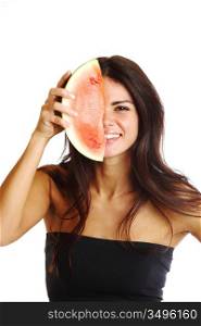 woman hold watermelon in hands isolated on white