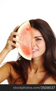 woman hold watermelon in hands isolated on white