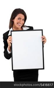 Woman holding a blank board