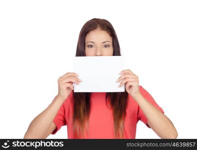 Woman holding a blank paper covering her mouth isolated on white background
