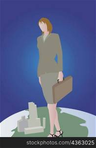 Woman holding a briefcase standing on top of a globe