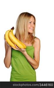 woman holding a bunch of bananas on white background
