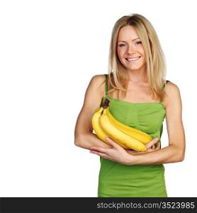 woman holding a bunch of bananas on white background