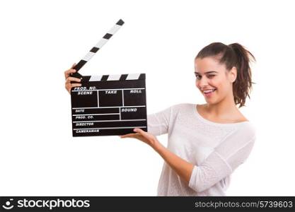 Woman holding a clapboard isolated over white background