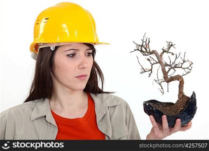 woman holding a dead plant
