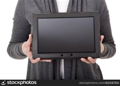 Woman holding a digital tablet, isoated, detail