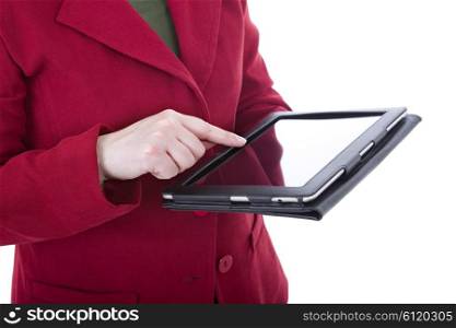 Woman holding a digital tablet, isoated, detail