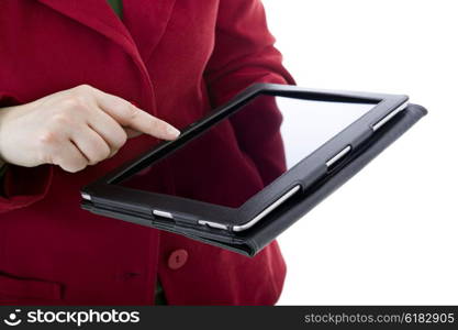 Woman holding a digital tablet, isoated, detail