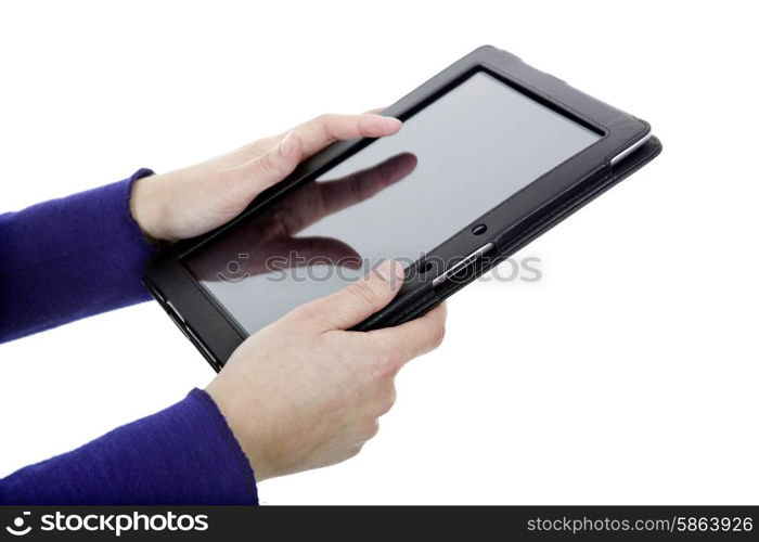 Woman holding a digital tablet, isolated, detail