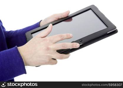 Woman holding a digital tablet, isolated, detail
