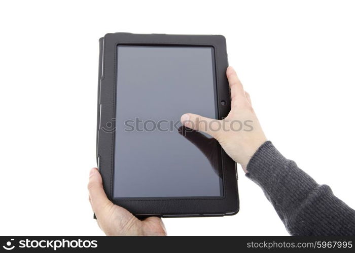 Woman holding a digital tablet, isolated, detail