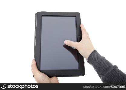 Woman holding a digital tablet, isolated, detail